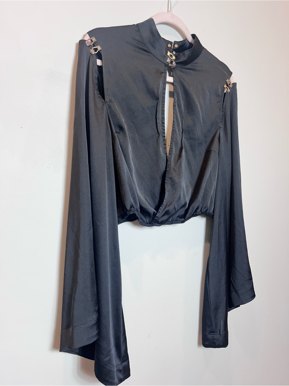 Honey Birdette Black Long-Sleeve Cropped Keyhole Top with Embellished Shoulders - Picture 2 of 8